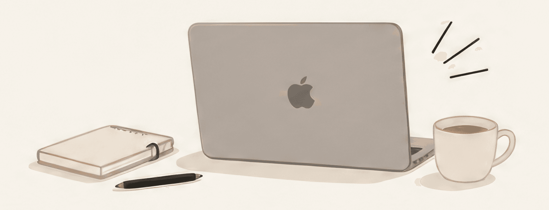Laptop, notebook, pen and a cup of coffee